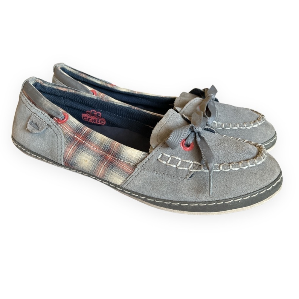 Simple‎ Womens Gray Suede Plaid Fabric Boat Shoes Sailing Flat Slip On Loafer
